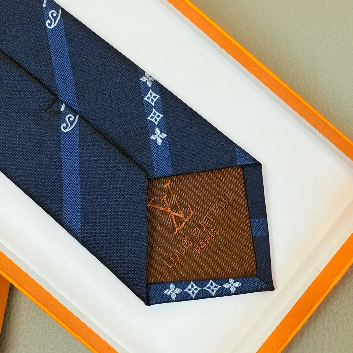 Louis Vuitton necktie navy blue silk with monogram pattern and Louis Vuitton Paris label