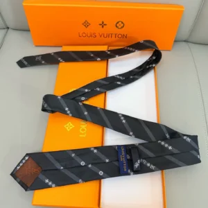 Silk tie featuring LVVers logo and Monogram flowers in diagonal stripe design, displayed on a Louis Vuitton box, emphasizing luxury and elegance for versatile styling.