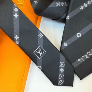 Silk LV tie featuring diagonal stripes, LV logo, and Monogram flower patterns, displayed on an orange background, emphasizing luxury and elegance for casual or formal wear.