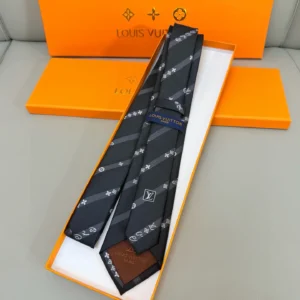 Silk tie featuring LVVers logo and Monogram flowers in diagonal stripe design, presented in an orange Louis Vuitton box.