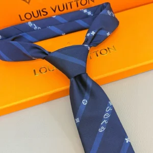 Louis Vuitton tie navy blue silk with signature monogram pattern and diagonal stripes accessory