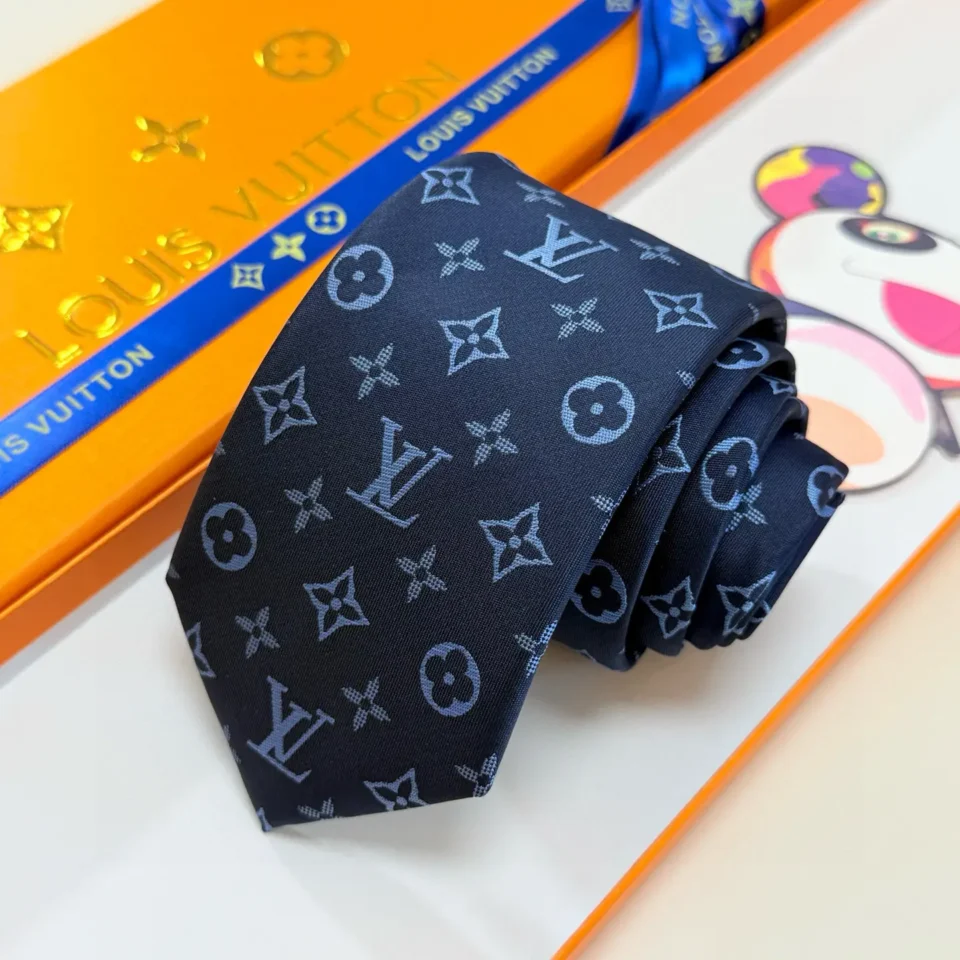 Louis Vuitton tie monogram pattern navy blue silk accessory with designer packaging box