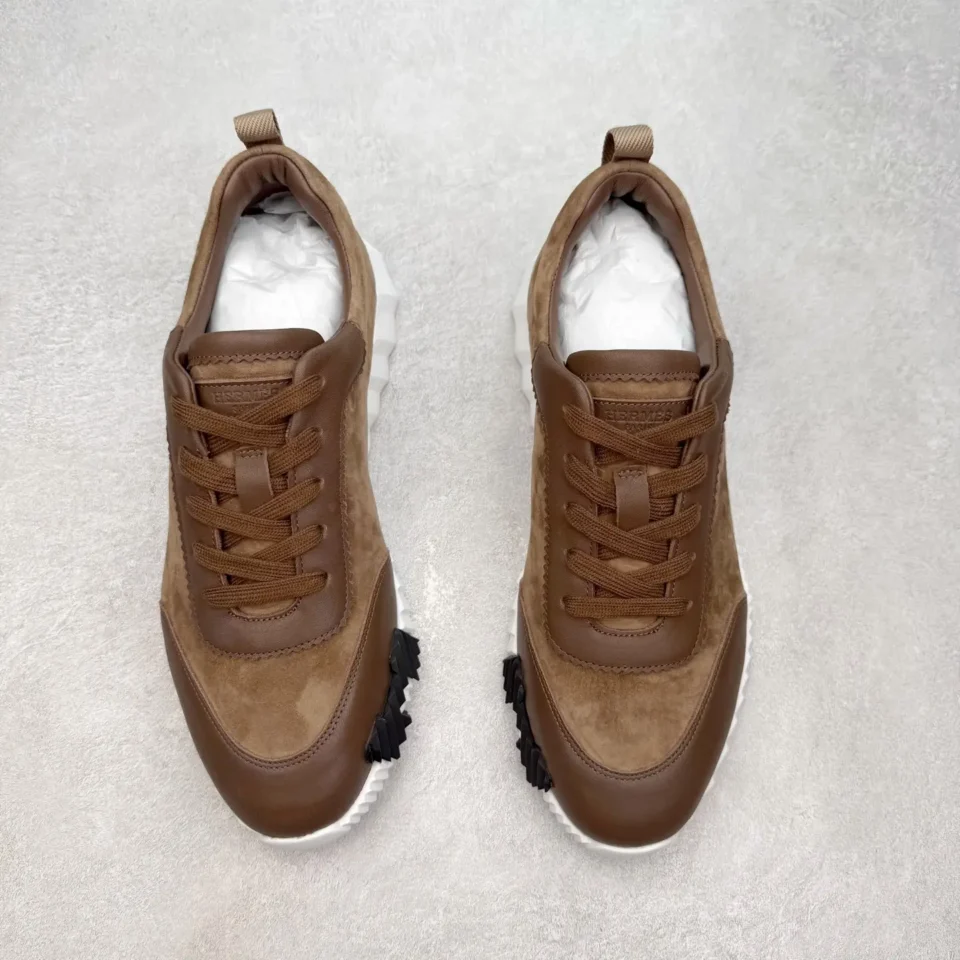 Hermes sneakers brown colorway leather and suede material with white and black rubber sole