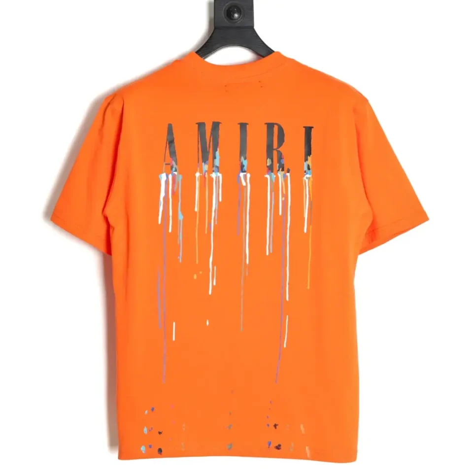 Amiri T-shirt orange cotton paint drip logo design short sleeve shirt