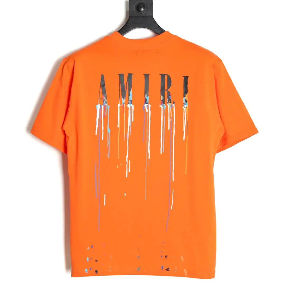 Amiri T-shirt orange cotton paint drip logo design short sleeve shirt
