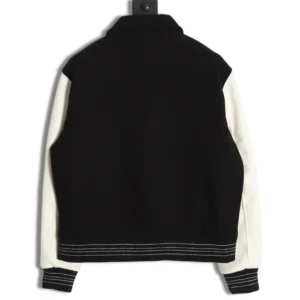 Amiri Wool Blend Bones Appliquéd Varsity Bomber Jacket showcasing black and white color scheme, featuring thick wool blend fabric and striped ribbed hem, displayed from the back.