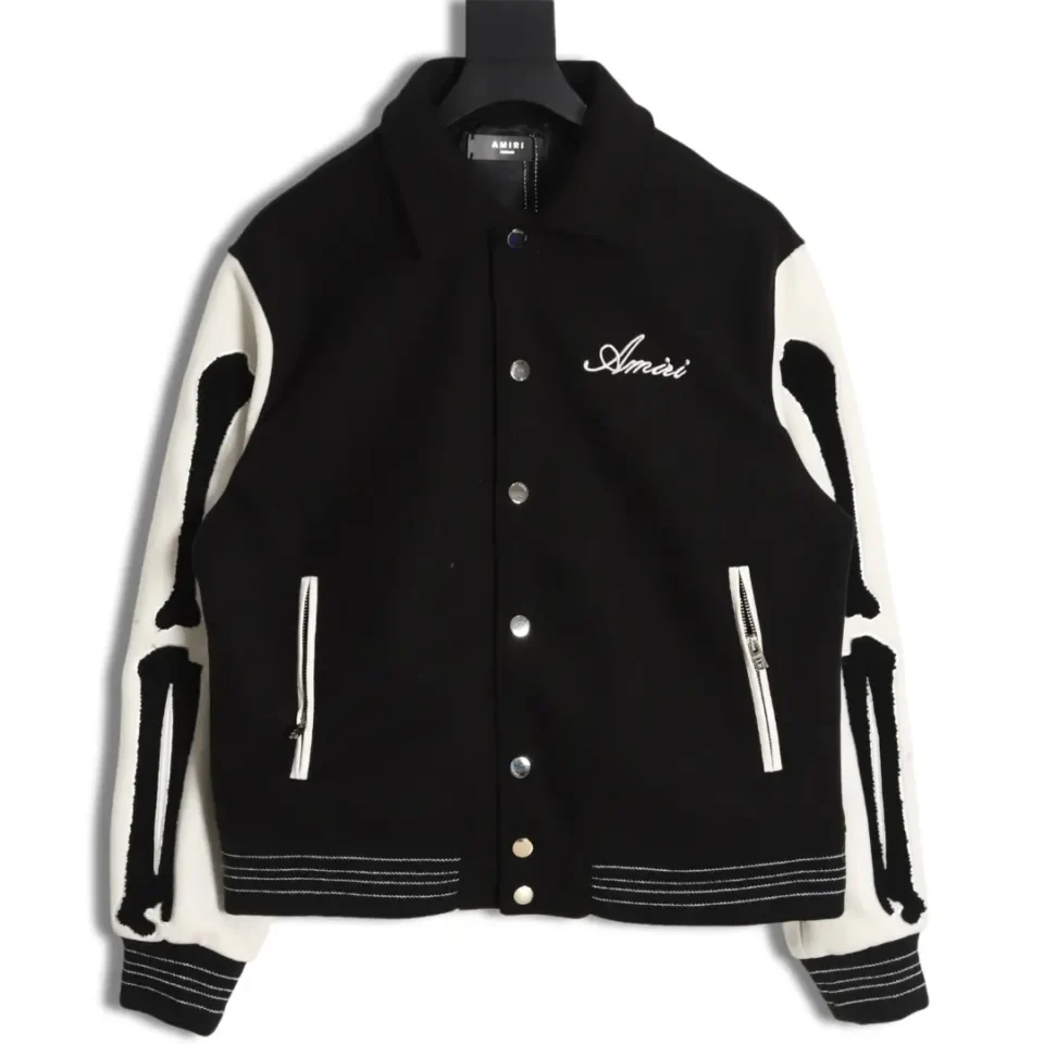 Amiri varsity jacket black cream wool blend with skeleton print sleeves and front zip pockets