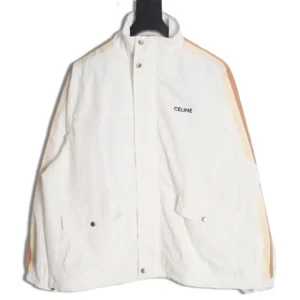Celine side woven zipper jacket in white with orange stripes and logo, showcasing premium craftsmanship and high-quality materials.