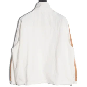 Burberry Check and Stripe Wool Blend Jacquard Hoodie in white with orange stripes, showcasing the back view and highlighting the stylish design and premium fabric quality.