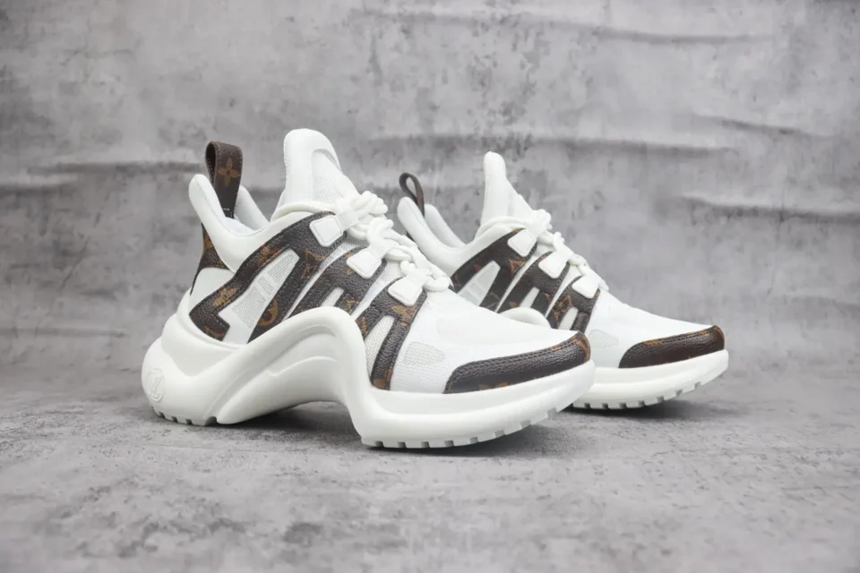Louis Vuitton Archlight sneakers white monogram canvas brown leather accents futuristic sole design