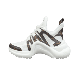 Louis Vuitton Archlight sneakers featuring a white and brown color-blocked design, showcasing a unique bow-shaped silhouette and shock-absorbing midsole, ideal for luxury fashion enthusiasts.