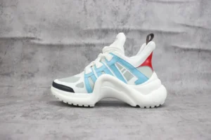 Louis Vuitton Archlight sneakers in blue and white colorway, featuring a modern design with a thick sole and mesh detailing, showcased against a neutral background.