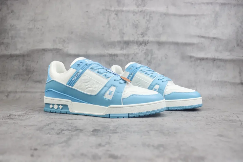 Louis Vuitton Trainer Sneaker light blue white leather with embossed monogram detailing