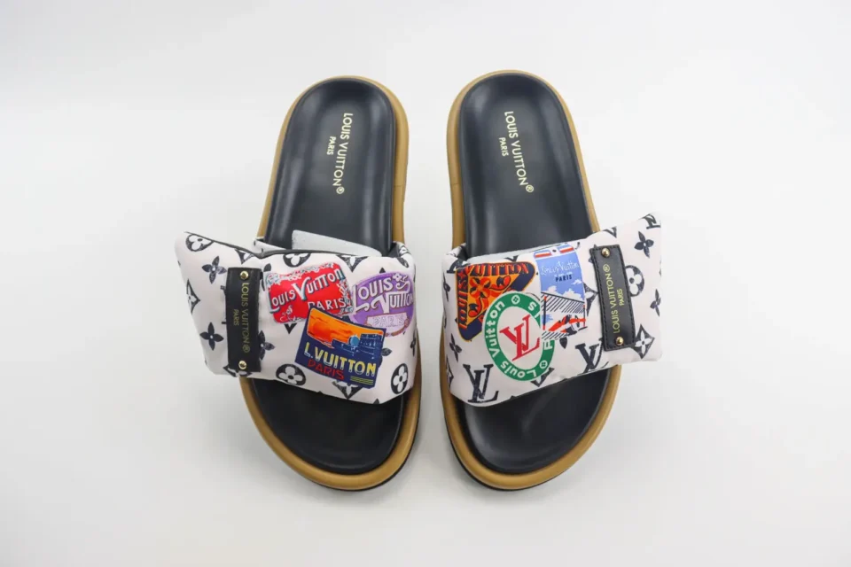 Louis Vuitton Pool Slide Sandals white monogram canvas colorful print leather slippers