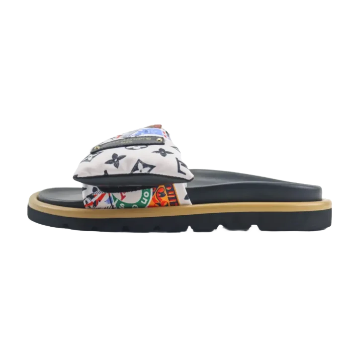 Louis Vuitton limited edition thick-soled Velcro slippers featuring a colorful design, ideal for stylish beach and casual wear.