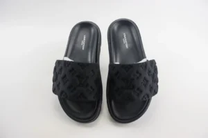 Louis Vuitton Slide Sandals black embossed monogram nylon slides with black leather footbed