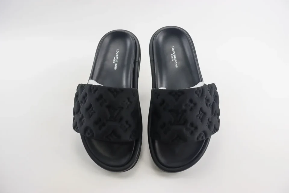 Louis Vuitton Slide Sandals black embossed monogram nylon slides with black leather footbed