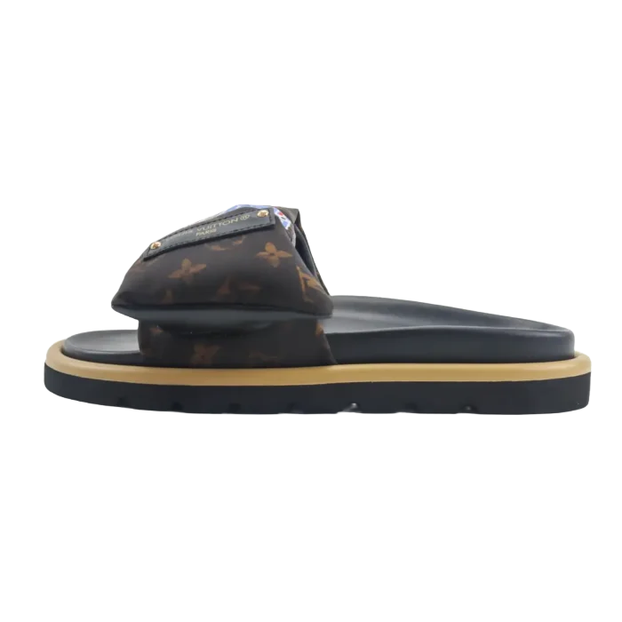 Louis Vuitton 2024 Beach Shoes Sandals featuring a signature monogram design, displayed in profile with a black and gold color scheme, emphasizing stylish comfort for summer wear.