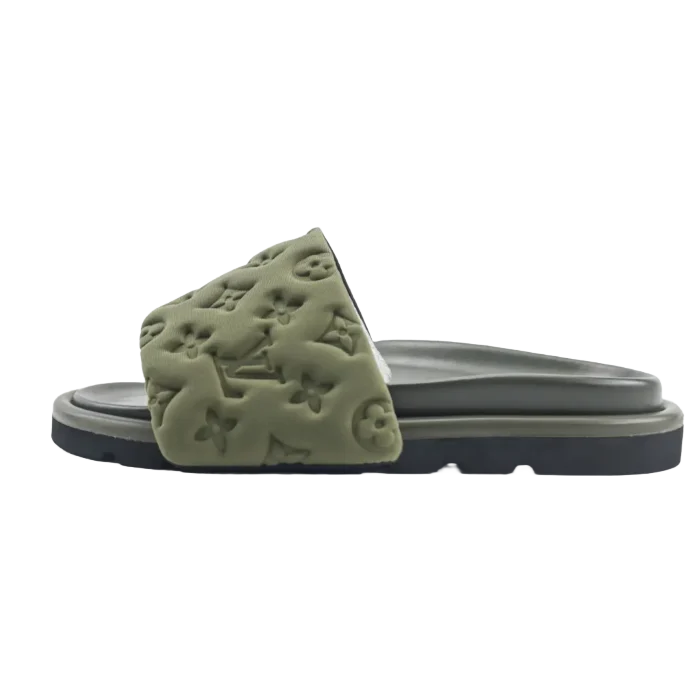 Louis Vuitton 2024 Beach Shoes Sandals in olive green with embossed logo design, showcasing stylish and comfortable footwear options for summer.