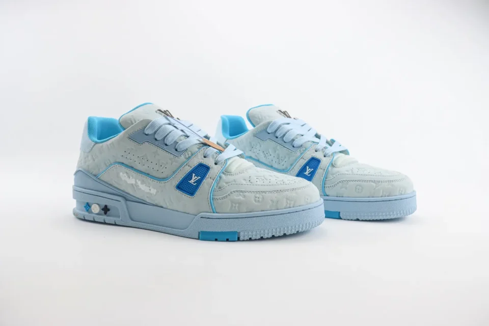 Louis Vuitton LV Trainer Sneaker 1A8TJ0 Blue colorway embossed leather and rubber sole shoes