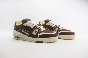 Louis Vuitton Trainer Sneaker 1A87UG brown beige leather suede with embossed monogram pattern