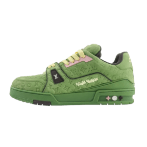 Louis Vuitton Trainer Sneaker green pink leather embossed monogram low top sneakers