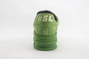 Louis Vuitton Trainer Sneaker #54 green colorway suede leather with embossed monogram detail