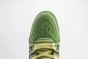 Louis Vuitton Trainer Sneaker green colorway embossed leather with cream laces and brown accents