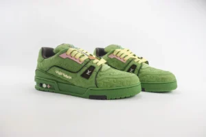 Louis Vuitton LV Trainer Sneaker 1A8IJN green leather with pink and yellow accents rubber sole