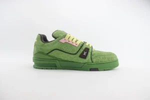 Louis Vuitton LV Trainer Sneaker 1A8TX9 Vert Green Pebbled Leather Pink Trim Black Logo Panel