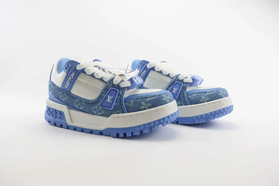 Louis Vuitton Trainer Sneaker 1A8NVU blue monogram denim leather with white mesh and rubber sole