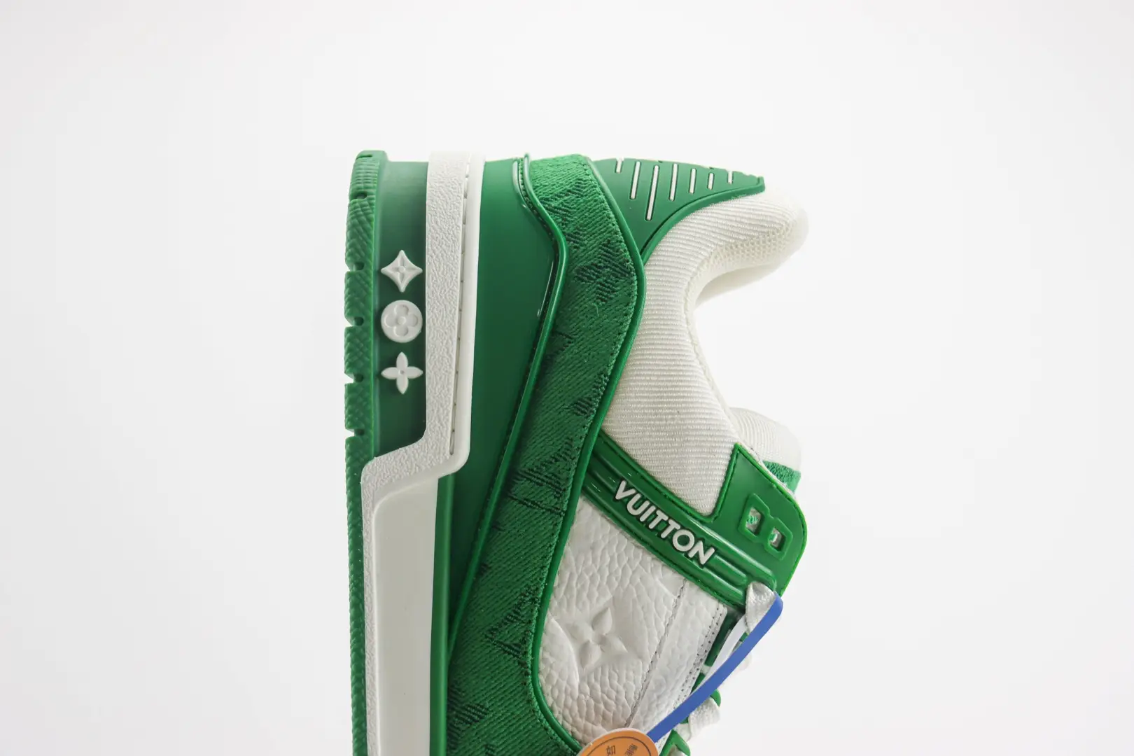 Louis Vuitton LV Trainer Sneaker green white leather canvas with monogram detail and rubber sole