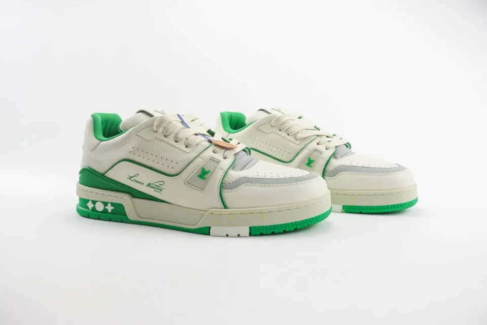 Louis Vuitton LV Trainer Sneaker 1A9DKT white green leather canvas low-top athletic shoes