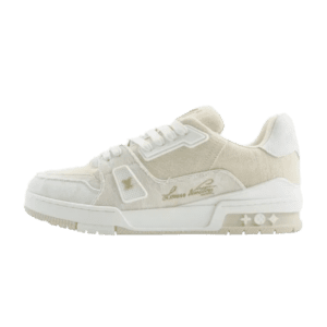 Tyler x Louis Vuitton Trainer low cut casual board shoes in beige suede with signature logo detailing, featured in a product listing for luxury replica footwear.