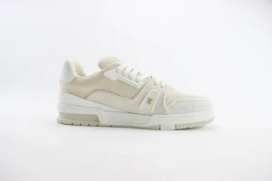 Tyler x Louis Vuitton Trainer low cut casual board shoes in cream and white, showcasing luxury design and craftsmanship, featured in a product listing for affordable replica luxury footwear.