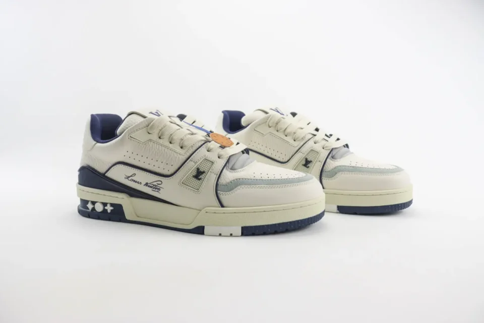 Louis Vuitton LV Trainer Sneaker 1A7Q9A white navy leather and suede luxury fashion shoes