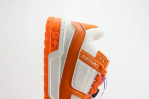 Louis Vuitton LV Trainer sneaker 1A8LOM orange white leather textile and rubber sole