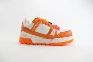 Louis Vuitton LV Trainer Sneaker 1A5PJV white orange leather with rubber sole and vibrant lace locks