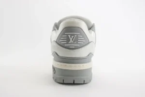 Louis Vuitton LV Trainer sneaker white gray leather and mesh luxury casual shoe back view