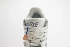 Louis Vuitton LV Trainer sneaker white gray leather with thick white rope laces and blue tag detail