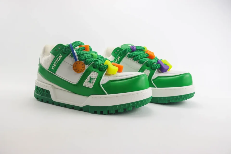 Louis Vuitton LV Trainer Sneaker green white multicolor leather and mesh low top shoes