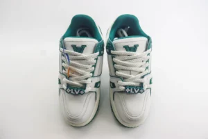 Louis Vuitton Trainer Sneaker 1A9TB2 white teal leather low-top lace-up shoes