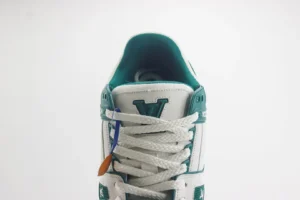 Louis Vuitton Trainer Sneaker 1A3P5V white teal leather and mesh with signature LV logo and thick white laces