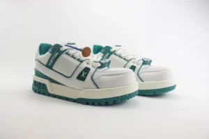 Louis Vuitton LV Trainer Sneaker 1A95UV white green colorway leather and rubber material