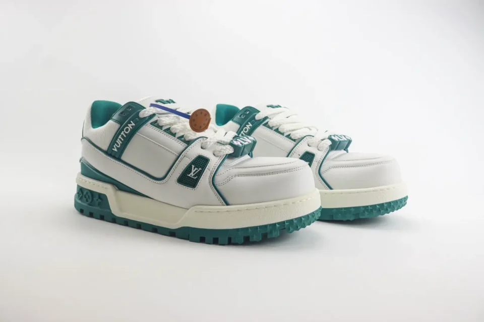 Louis Vuitton LV Trainer Sneaker 1A95UV white green colorway leather and rubber material