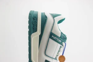 Louis Vuitton LV Trainer sneaker white teal colorway leather and mesh materials with embossed logo outsole