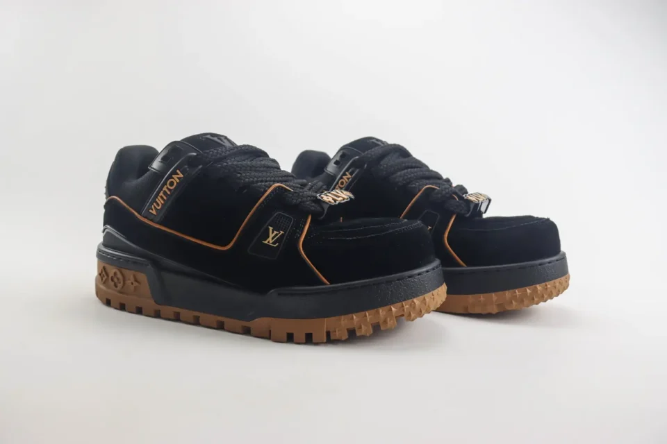 Louis Vuitton LV Trainer black brown suede sneakers with rubber sole and gold accents