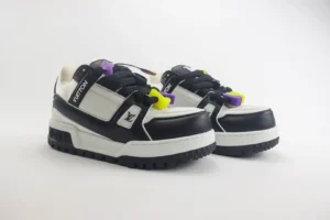 Louis Vuitton LV Trainer sneaker black white yellow purple colorway leather material shoes