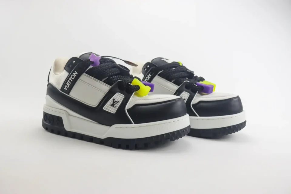Louis Vuitton LV Trainer sneaker black white yellow purple colorway leather material shoes