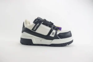 Louis Vuitton LV Trainer line 1A5LRM black and white leather sneakers with purple lace tag detail